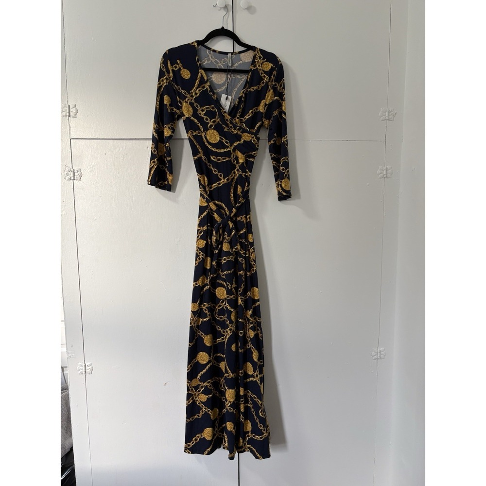 NWT Mother Bee Maxi Wrap Dress Navy Blue Gold Chain Design Size XL